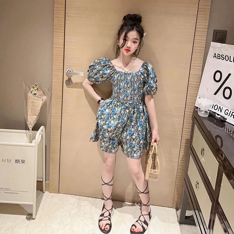 

Girls Jumpsuit Summer thin Blue Floral Short Bodysuit Fashion One-piece collar kids Beach pants 10 12 13 years Children Coverall