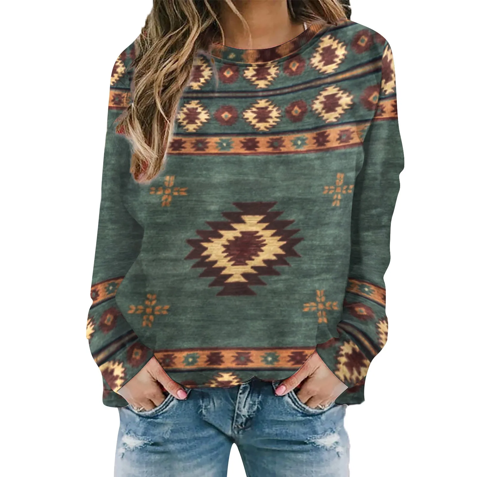 

Женский пуловер с длинным рукавом и круглым вырезом, в этническом стиле