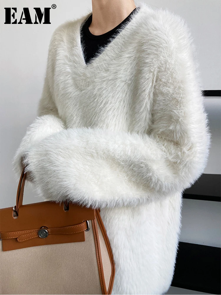 

[EAM] White Big Size Knitting Sweater Loose Fit V-Neck Long Sleeve Women Pullovers New Fashion Tide Autumn Winter 2023 1DF1760
