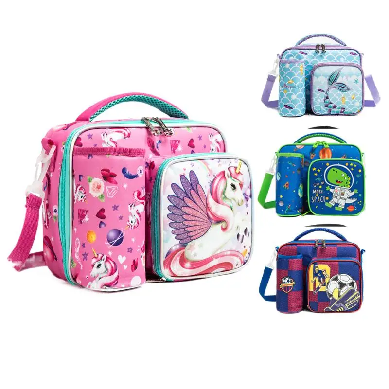 

European Design Brand 2023 New Kids Cartoon Crossbody Insulated Lunch Bag With Water Bottle Pockets Children Carrying Travel Bag