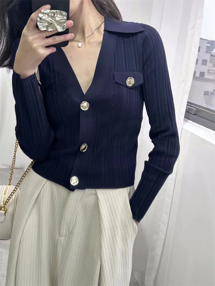 

Women Early Spring Turn-down Collar Single Breasted Rib Slim Fit Knitted Cardigan Coat