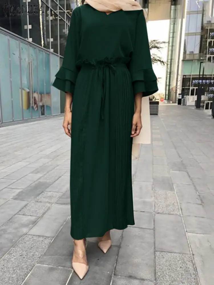

ZANZEA Women 3/4 Sleeve O Neck Lace Up Robe Casual Loose Ruffled Hem Long Maxi Dress Kaftan Muslim Holiday Party Vestidos Femme