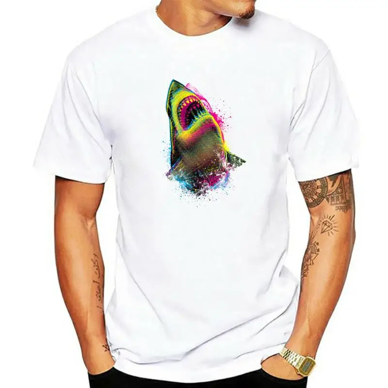 

Summer Men's T-shirt Neon Shark Awesome Artwork Drawing Printed Tshirt Funny Youth Tees Tops Harajuku Streetwear