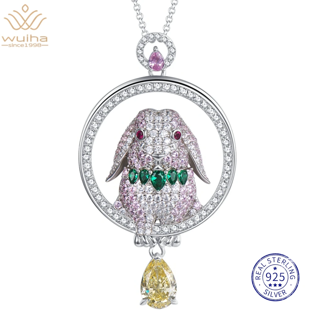 WUIHA 18K White Gold Rabbit 7*10MM Sapphire Gemstones Necklaces Anniversary Gift 925 Sterling Silver Fine Jewelry Drop Shipping