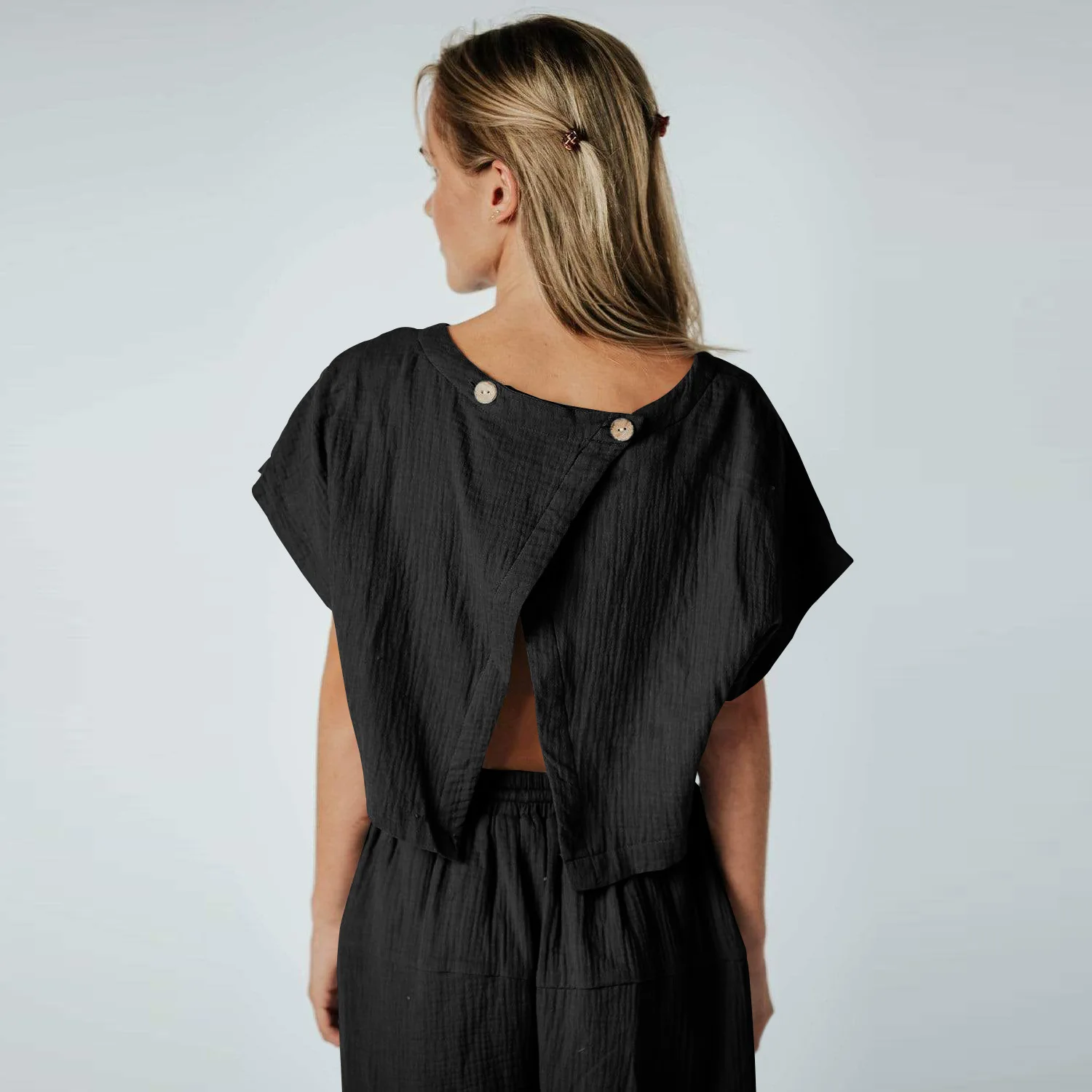 Casual Loose Women Back Button Slit Pleated Drawstring Harem Jumpsuit Home Commuter Pajama Set Women