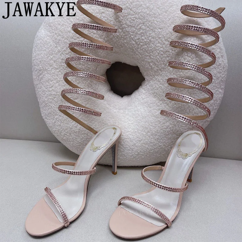 

Summer Hot Mid-calf Crystal Thin High Heel Sandals Woman Luxury Rhinestones Ankle Winding Gladiatus Sandals Bride Party Shoes