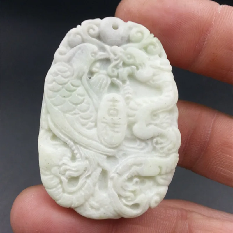 

Natural Green White Hand Carved Dragon and Phoenix Pendant Fashion Boutique Jewelry Men and Women's Lantian Jade Necklace Gift