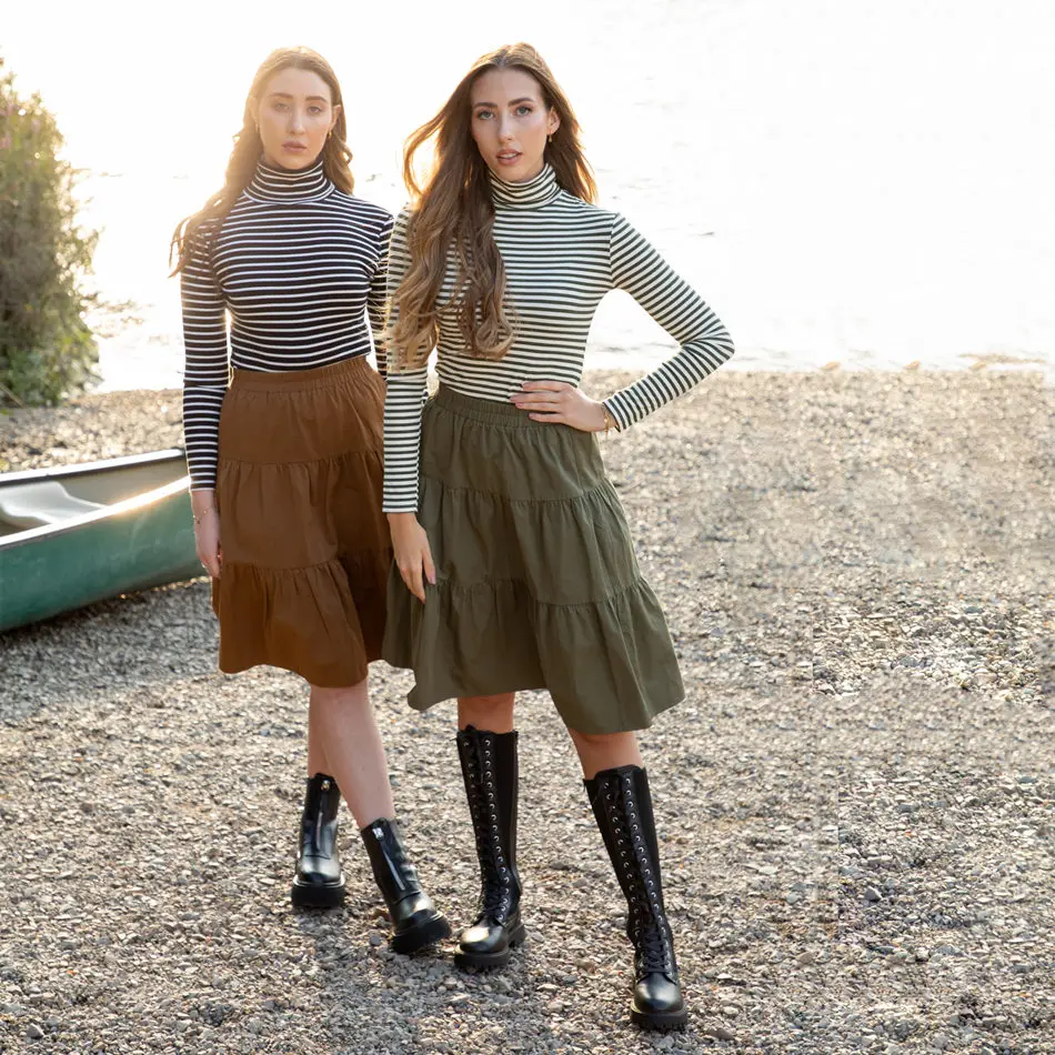 

Fashion pure cotton breathable Elastic Waist Layered Solid Ruffle Hem Skirt