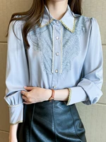 fashion silk women shirts blouses satin long sleeve shirt embroidery lace button up shirt ladies tops peter pan ol floral blouse
