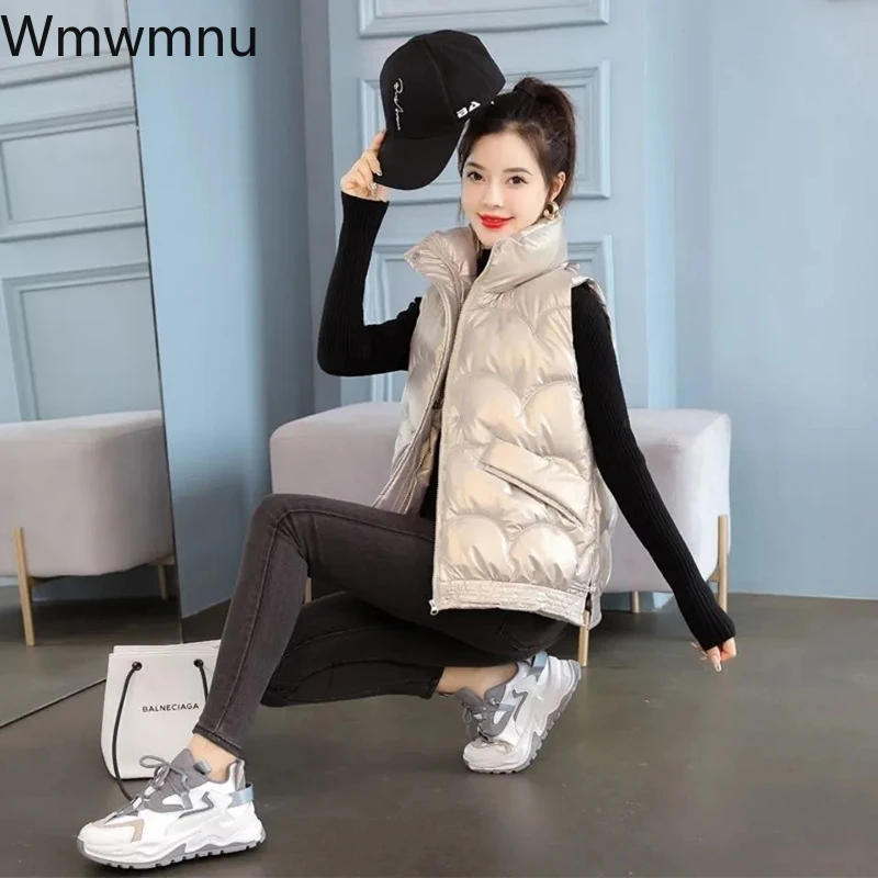 

Korean Casual Warm Slim Sleeveless Jackets White Windproof Baggy Waistcoat Winter Women's Glossy Thick Cotton Padded Vests
