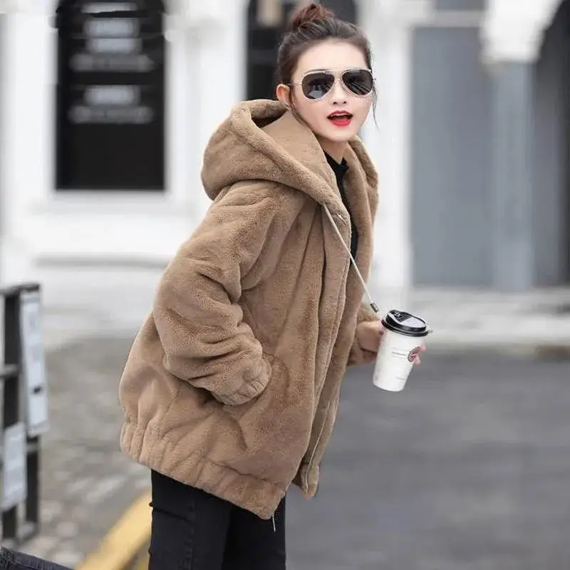 Plush Thickening Faux Rabbit Fur Hooded Jacket Women 2023 Winter New jackets Loose Long Sleeves Outerwear Fashion Female Coat