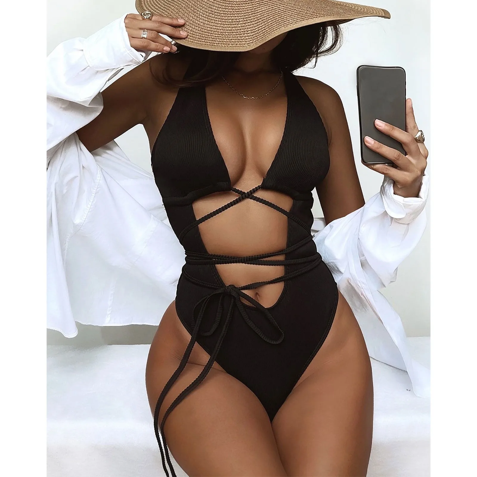 

Соблазнительный Купальник с вырезами, комбинезон, бразильский бандажный однотонный Цельный Купальник, Женский купальный костюм, Женский п...