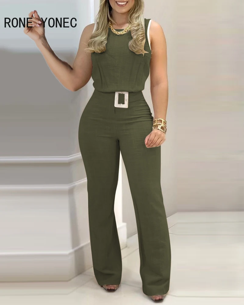 Женский комплект из топа с круглым вырезом без рукавов и брюк в рубчик карманами