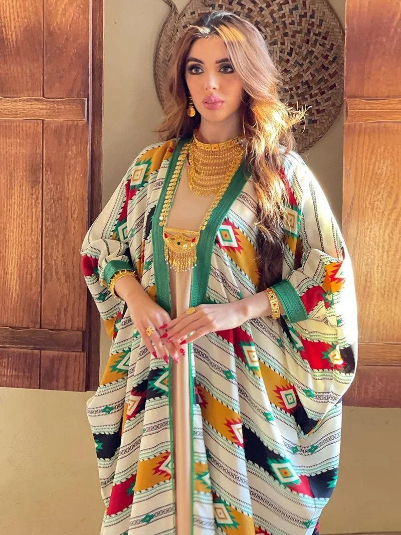 

Two Pieces Muslim Abaya Dress Set Colorful Geometric Stripes Print Moroccan Kaftan Dubai Turkey Arab Oman Qatar Robe