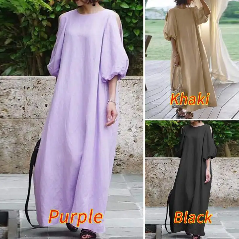 

Cotton Linen Dress Women's Puffy Elegant Mid Sleeve Casual Off Shoulder Solid Color Party Beach Bohemian Women'Summer Sundress
