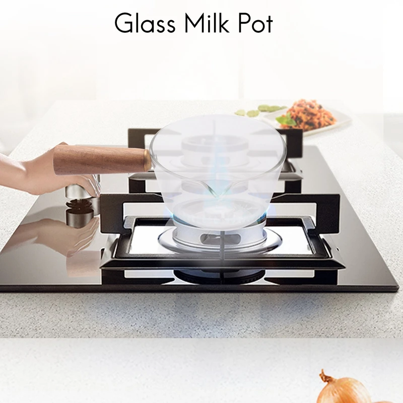 Стеклянная молочная кастрюля с деревянной ручкой 400 мл для приготовления салата