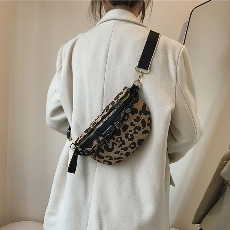 Купи New Fashion Leopard Women Waist Bag Female Phone Purses Ladies Chest Wide Strap Crossbody Shoulder Bags Small Chain Fanny Packs за 806 рублей в магазине AliExpress