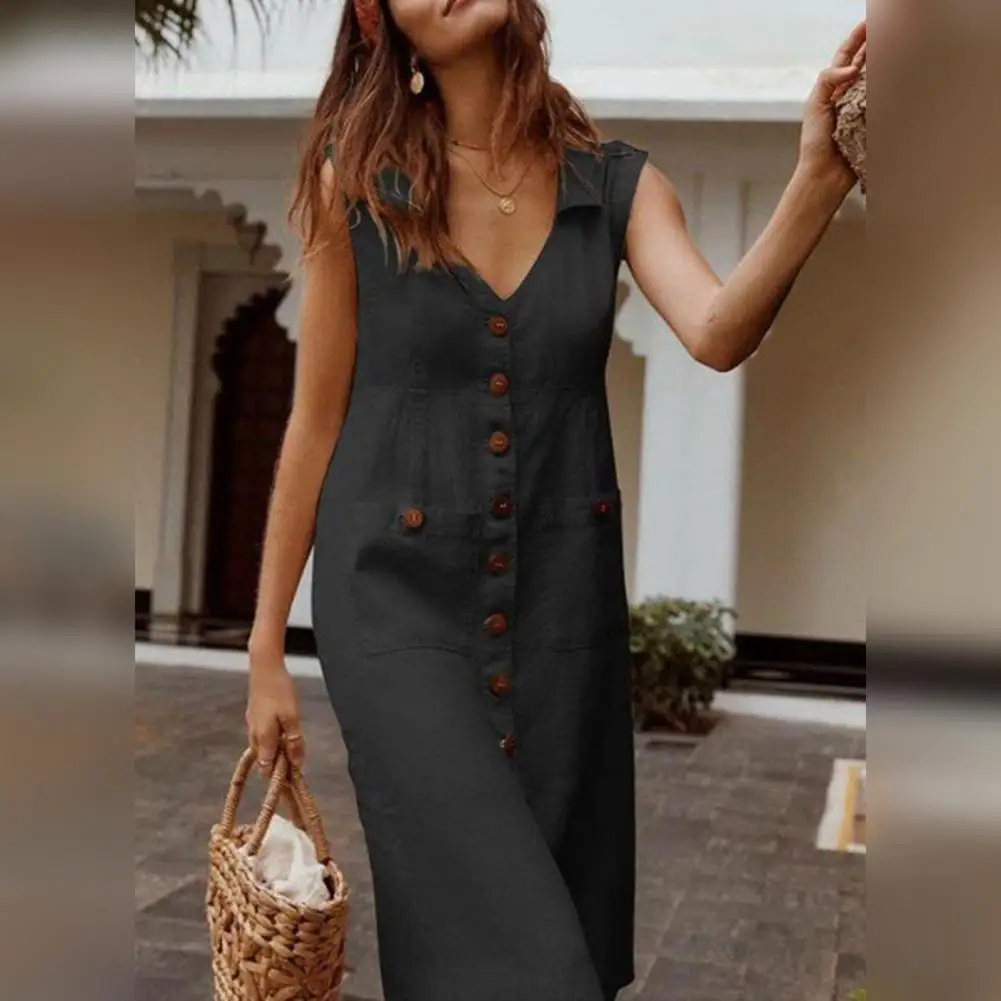 

Платье женское средней длины без рукавов, шикарное модное однобортное уличное платье с V-образным вырезом, карманами, с лацканами, на лето