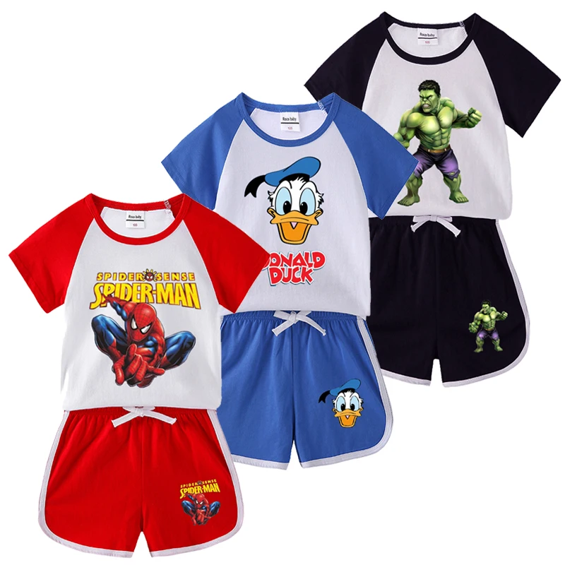 

Спортивная одежда для маленьких мальчиков, футболка с изображением Человека-паука Disney + летний спортивный костюм с рисунком из мультфильма ...