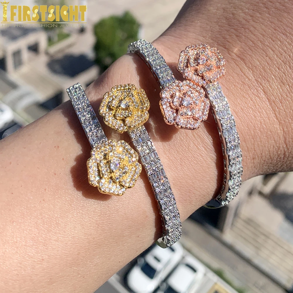 2024 Новый Iced Out Bling Открытый Цветок Циркон Браслет Подвеска Прямоугольник AAA CZ Роза