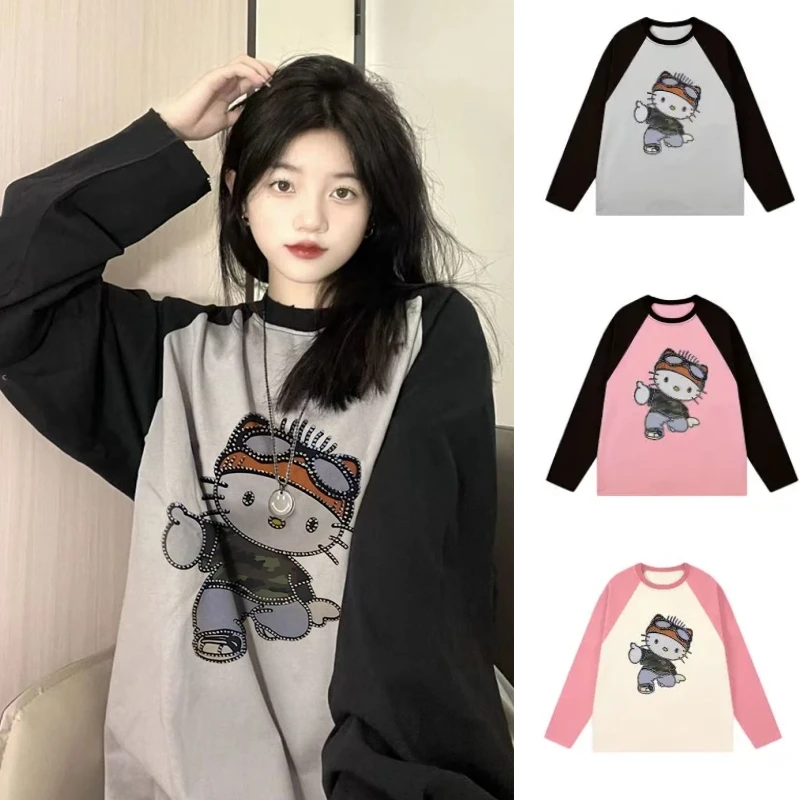 

Футболка с длинным рукавом Hello Kitty, модная Свободная куртка с мультяшным принтом для девочек и мальчиков, простой дизайн, праздничный подарок