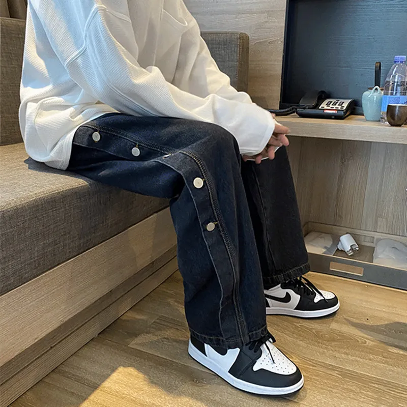 DEEPTOWN Straight Jeans Men Casual Denim Pants Streetwear Trousers Male High Quality Pants with Side Buttons Man Size 5XL Loose