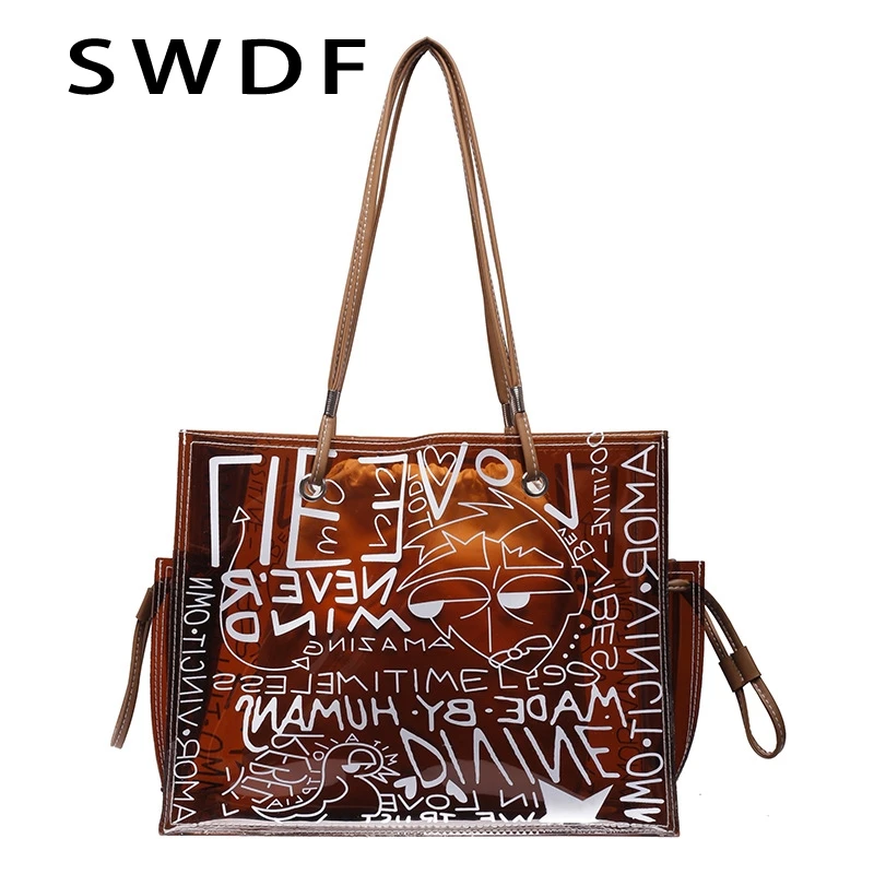 

Прозрачная Сумка-тоут SWDF для женщин, модная пляжная вместительная сумочка на плечо из ПВХ с рисунком граффити