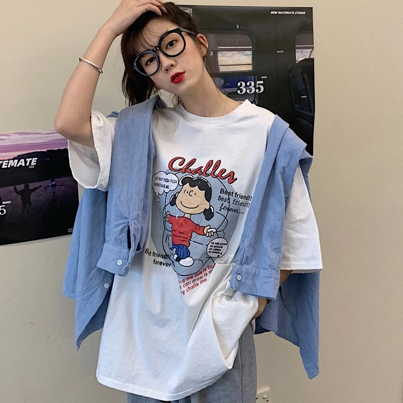 

Женские летние футболки в стиле Харадзюку С мультяшным принтом, футболка с коротким рукавом и графическим принтом, милые летние повседневн...