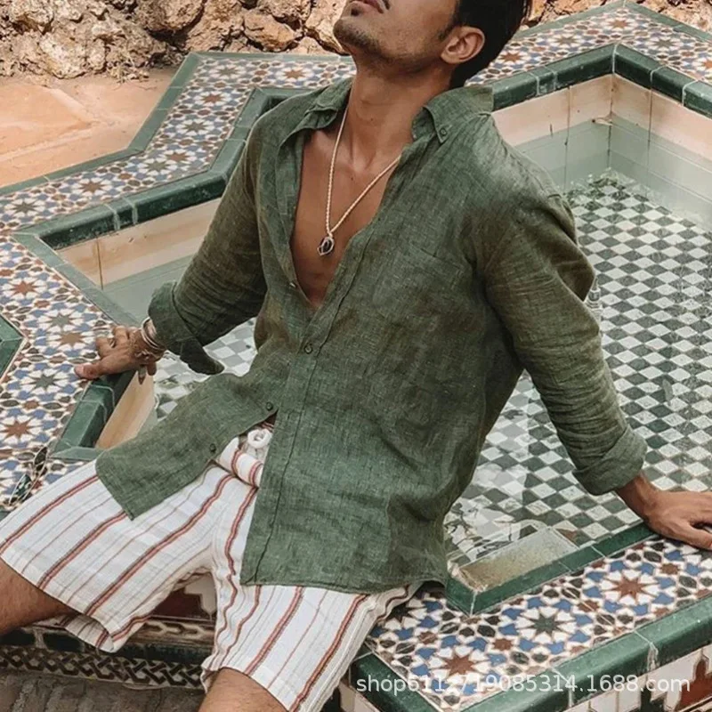 2022 New Mens Shirts Casual Loose Beach Long Sleeve Solid Summer Autumn Boho Button Down Tops Mens Clothing