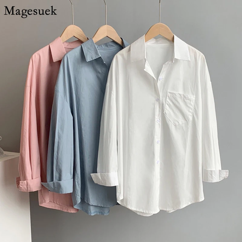 

Casual Loose Cotton White Shirt Woman Spring Office Solid Women Tops Blouse BF Style Button Up Blouses Long Sleeve Clothes 24150