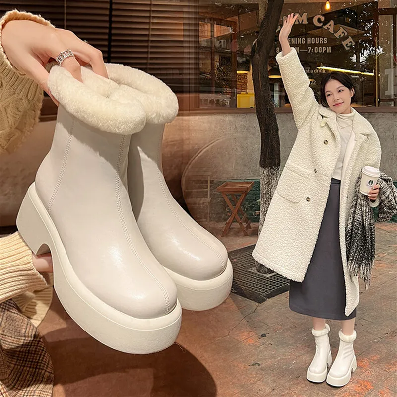 Купи 2022 Winter Ankle Boots Round Toe Split Leather Boots Women Shoes Chunky Heels Shoes for Women Thermal Wool Boots Platform Shoes за 3,993 рублей в магазине AliExpress
