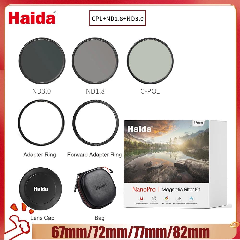 

Haida Magnetic ND Filters Kits Gift C-POL+Magnetic ND 1.8(64x)+Magnetic ND3.0(1000x) +Adapter Ring 67mm 72mm 77mm 82mm