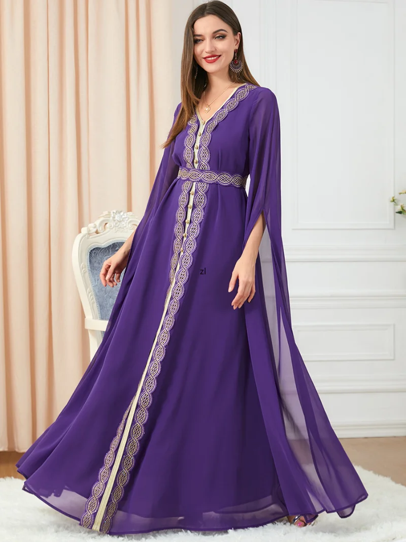 Autumn Party Dresses for Women 2022 Embroidery Long Sleeve Belted Kaftan Abayas Muslim Dubai Gowns Morocco Evening Vestiods