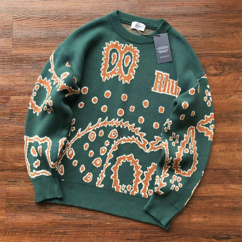 

Зеленый жаккардовый свитер ревеня для мужчин и женщин, толстовки оверсайз лучшего качества