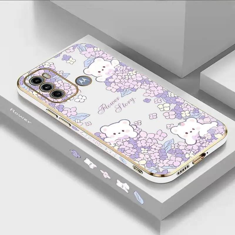 

Flower Bush Bear Luxury Plating Phone Case For Motorola Moto G60 G53 G52 G50 G42 G30 G20 G22 G52 E20 G9 Play Cover