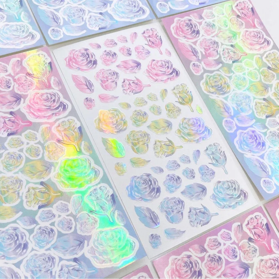 

1 лист наклеек в стиле Ins с кленовыми листьями и розами, светоотражающий лазерный градиентный дневник, фотоальбом Gooka, декоративные корейски...