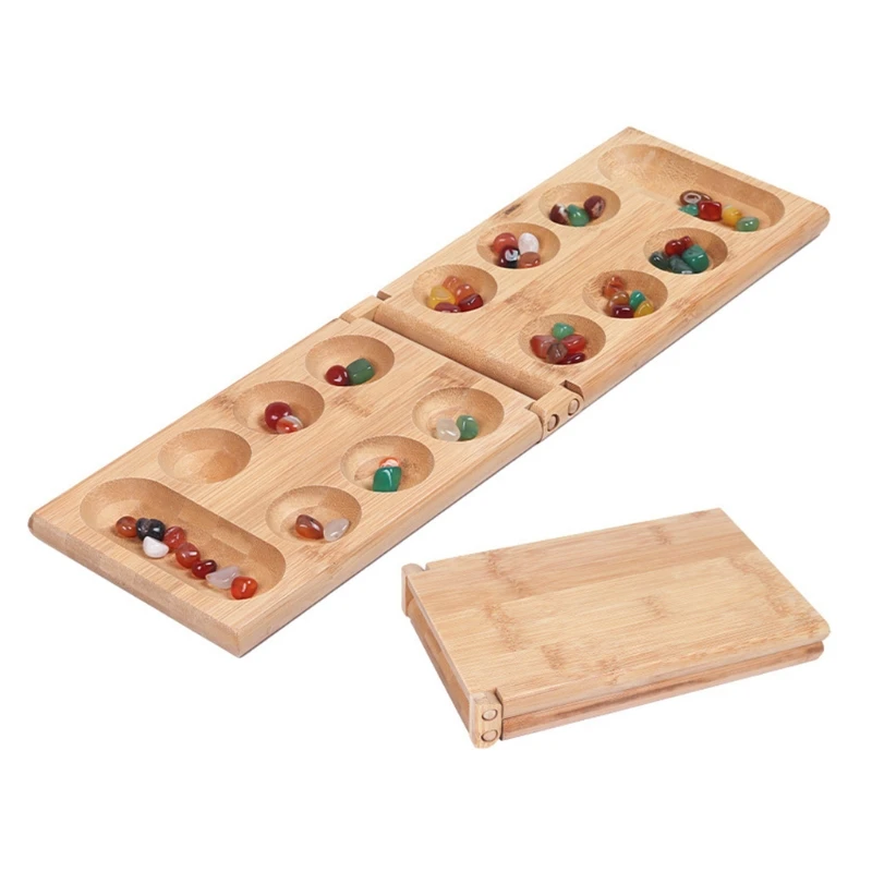 D7WF Mancala juego de mesa con piedras de colores, guijarros, tablero de madera plegable, juego de ajedrez