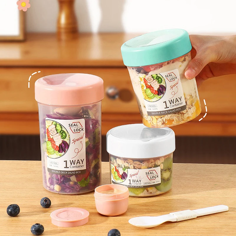 Salad Cup Portable Breakfast Oatmeal Cereal Nut Yogurt Salad Cup Container Set With Fork Sauce Cup Lid Bento Food Bowl