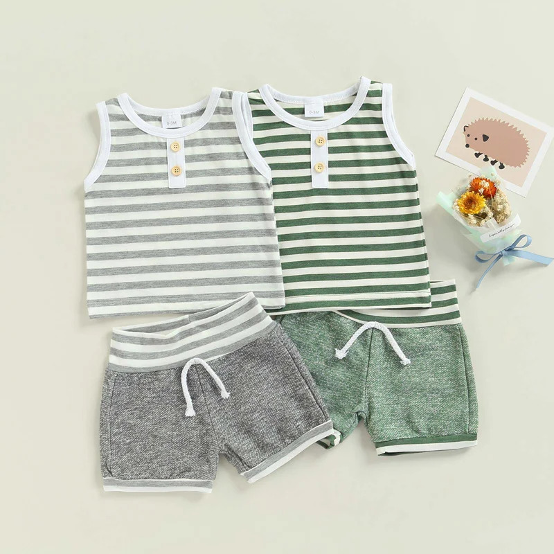 

2pcs Baby Boy Summer Outfits, Striped Print Button Front Sleeveless Tank Tops + Shorts Set