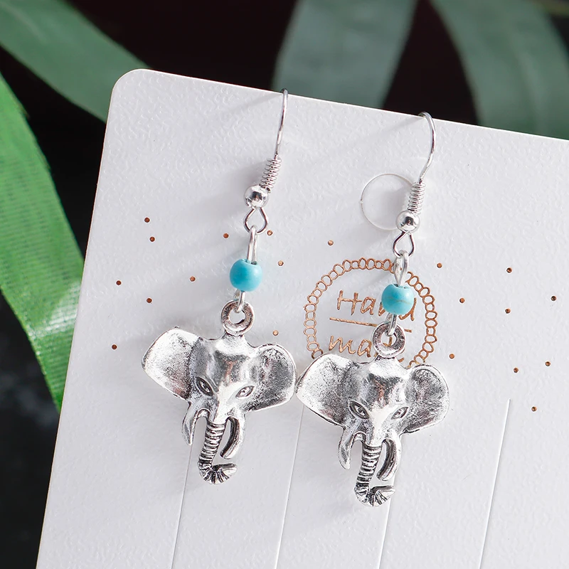 

Ethnic Animal Elephant Drop Earrings for Women Meaning Moral Holy Wisdom Vintage Silver Boho Bead Natural Stone Earrings Jewelry