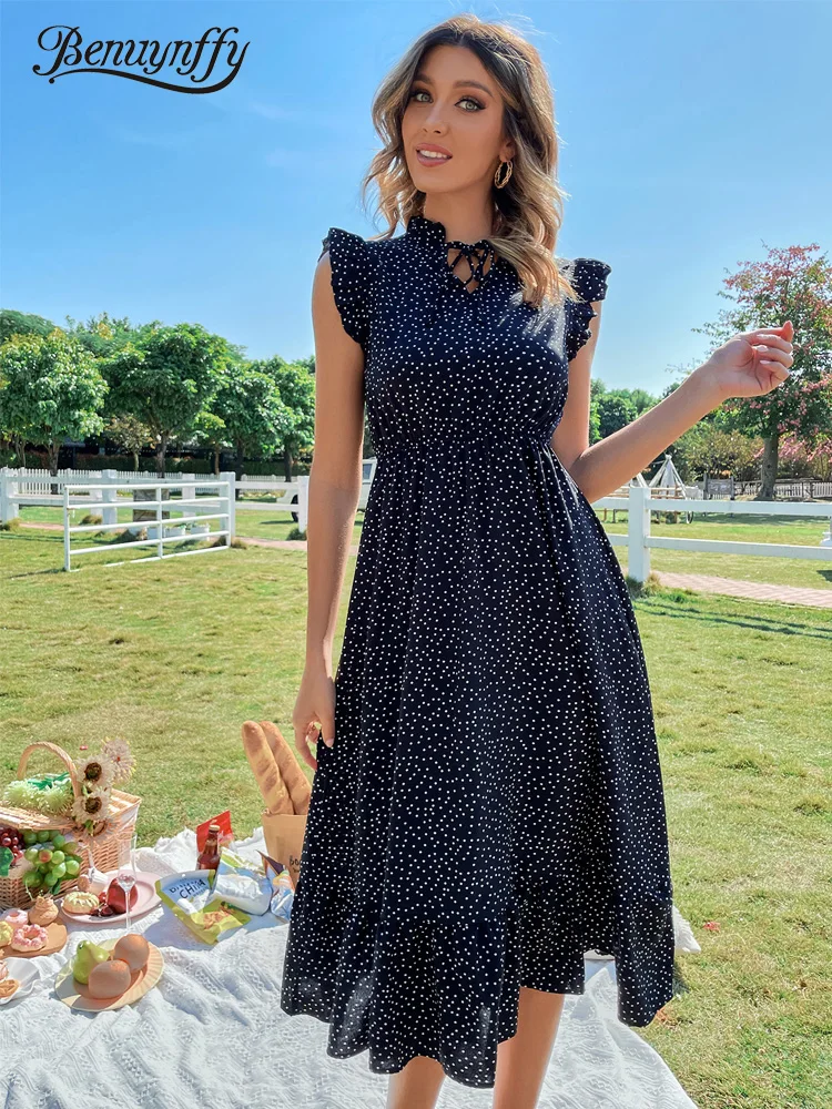 

Benuynffy галстук шеи с оборками отделкой горошек платье Бохо Woemn повседневные летние платья миди с высокой талией без рукавов трапециевидные ж...