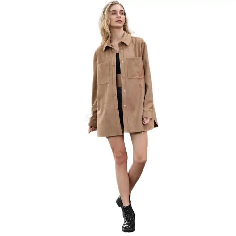 Fashion Woman Blouses 2022 Mid Length Real Suede Simple Pure Color Leisure Jacket Spring Autumn Lapel Women's Elegant Coat