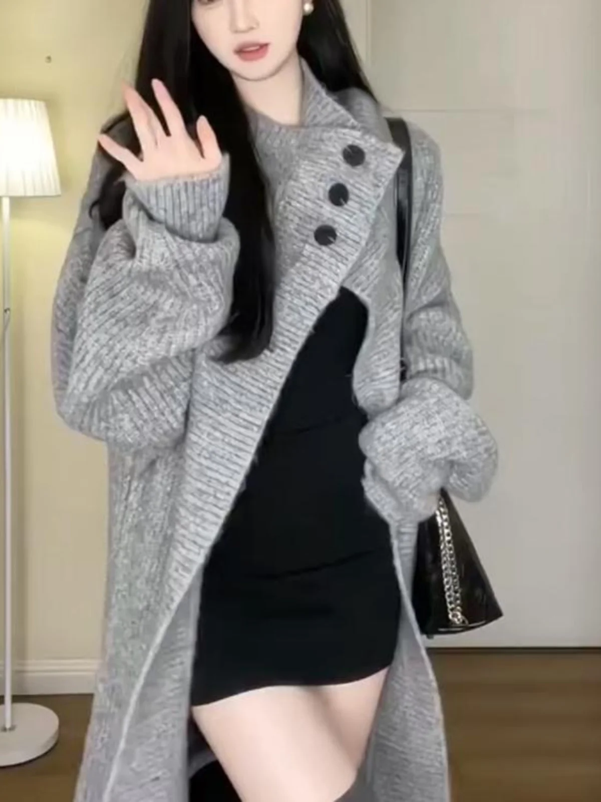 Вязаный кардиган простое Sle с большими лацканами женский осенне-зимний длинный