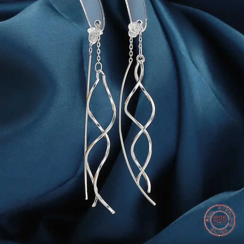 

925 Sterling Silver Tassel Wave Drop Earrings for Women Accessory Korean Fashion Earring Girlfriend Birthday Jewelry Gift