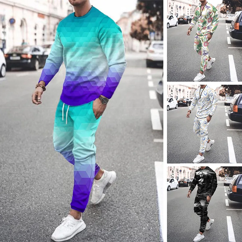 

Casual Men's Tracksuit Chic Two-Piece T-Shirt Outfits Set Vintage Long Sleeve Sweatershirt Streetwear Colorful Brand Sportswear