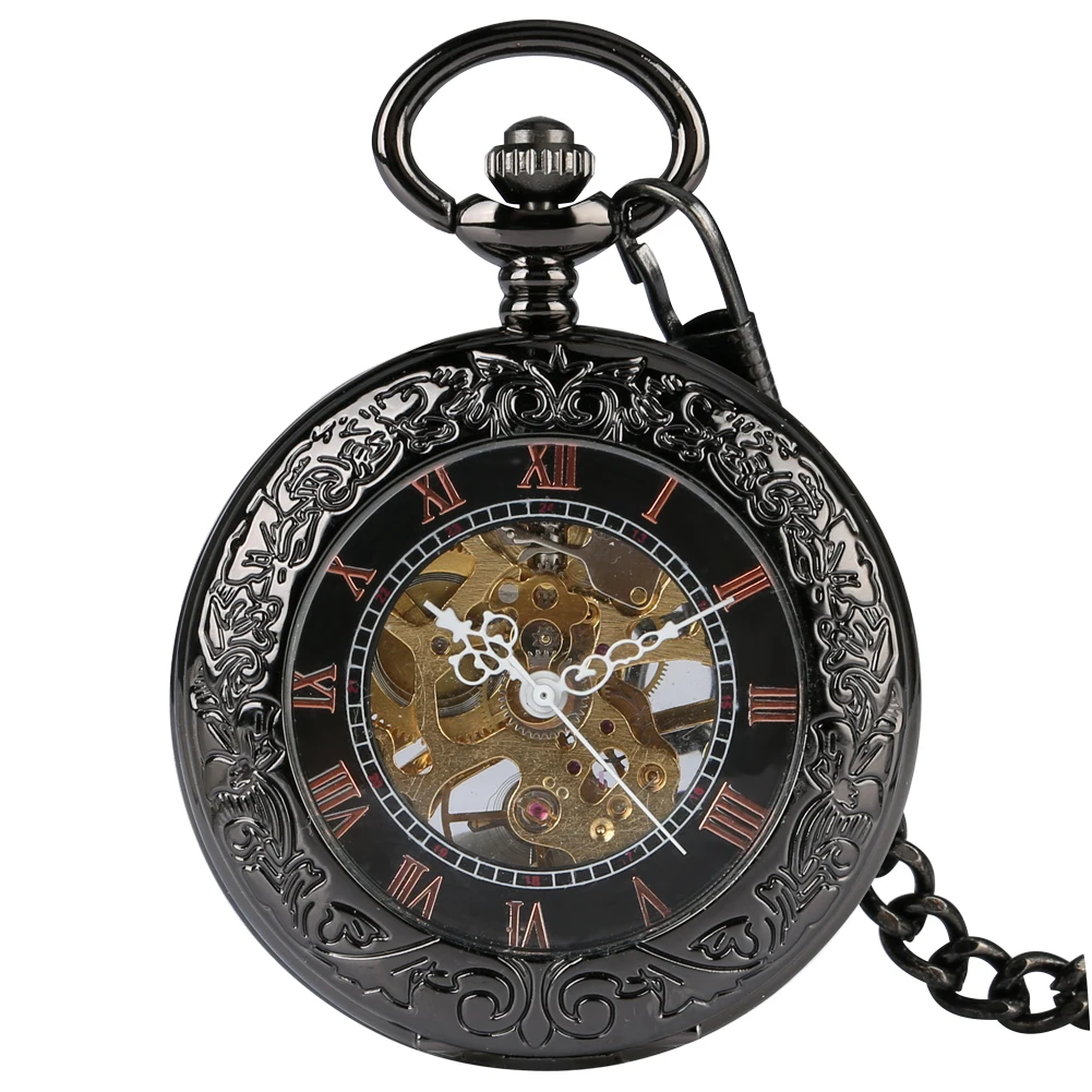 Black Carved Pattern Transparent Glass Manual Mechanical Pocket Watch Gold/Rose Gold Roman Numeral Dial Hand-Wind Pocket Clock