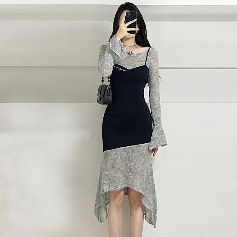

Новинка 2023, осенне-зимнее винтажное трикотажное платье, женские повседневные облегающие платья с длинным рукавом, женские элегантные модны...