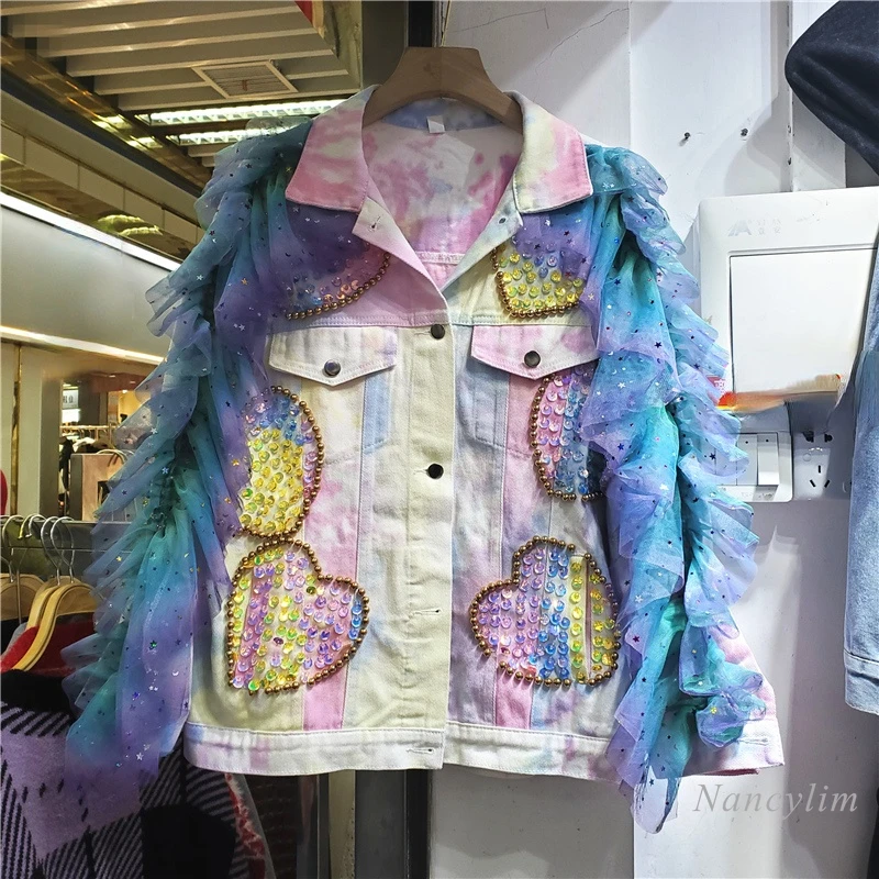 

Spring Gradient Denim Jacket Color Sequin Rivet Personality Trend Multi-Layer Gauze Contrast Color Beautiful Coat Women Outwear