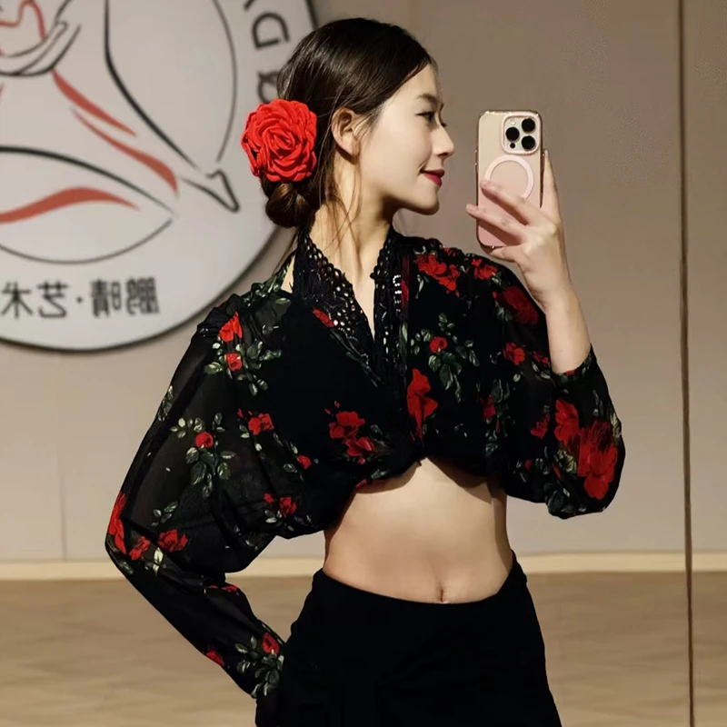 Новый женский летний халат для латинских танцев сетчатая блузка взрослых