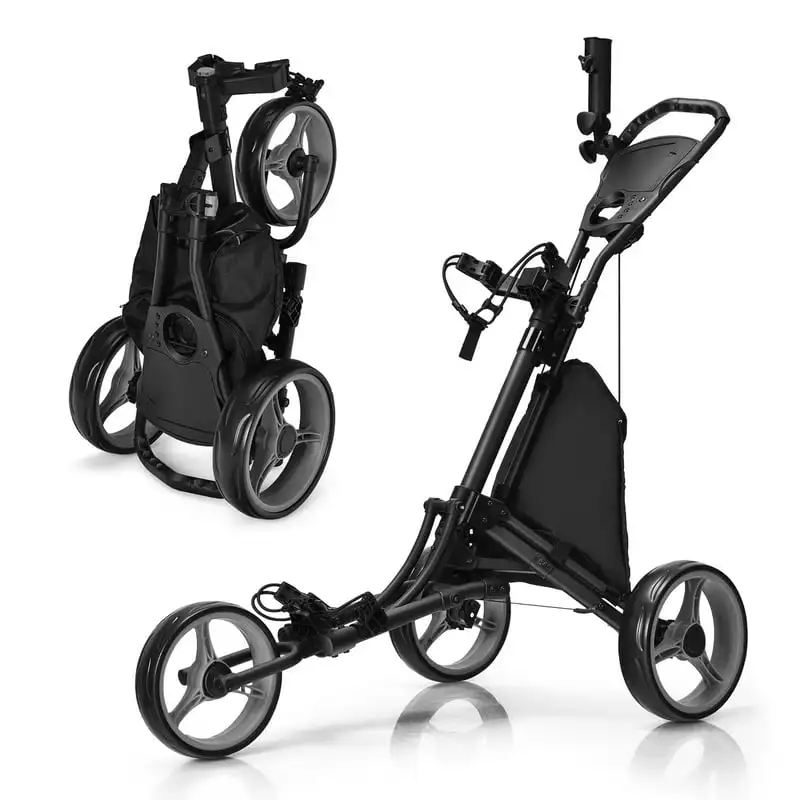

Foldable 3-Wheel Golf Push Pull Cart Trolley with Adjustable Handle, Gray